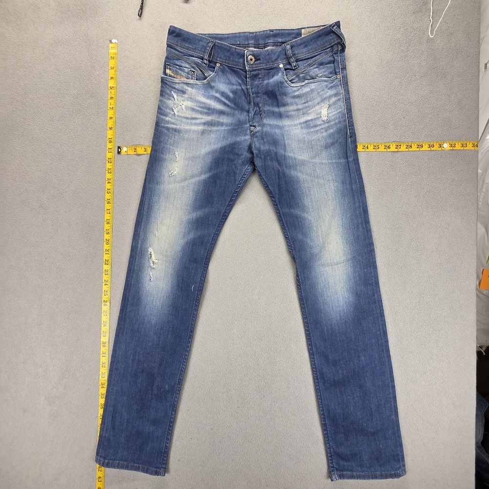 Diesel Jeans Mens 31x32 Blue Iakop Regular Slim Tapered Stretch Distressed 0807P